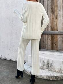 SHEIN LUNE Thả vai Áo len & Quần dệt kim - Màu be - Xem 2