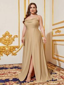 Plus Draped Collar Split Thigh Formal Cami Dress - Champagne - View 4