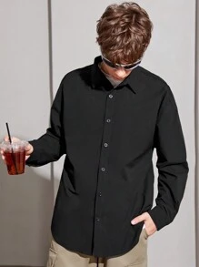 SHEIN Thiếu niên con trai Chất rắn Nút phía trước Áo sơ mi - màu đen - Xem 7