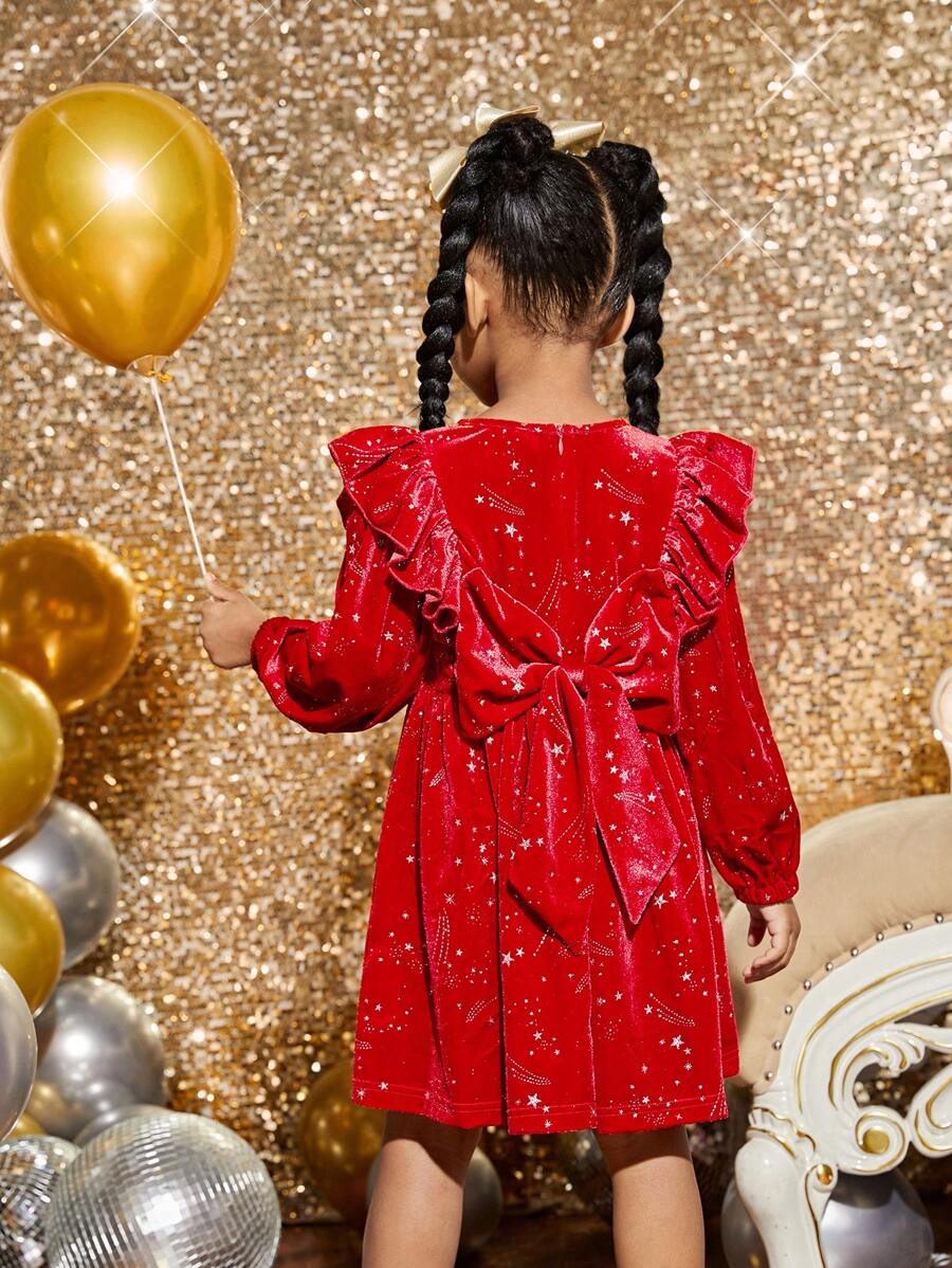 SHEIN Chica Joven Vestido ribete con fruncido con lazo trasero con estrella de terciopelo - Burdeos - Ver 1