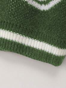 青少年女孩卡通圖案落肩袖條紋飾邊套頭毛衣 - 綠色 - 查看 4