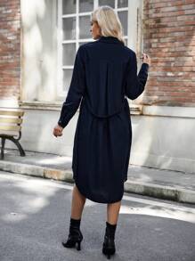 SHEIN Clasi Solid Button Front Belted Shirt Dress - Blue - View 2