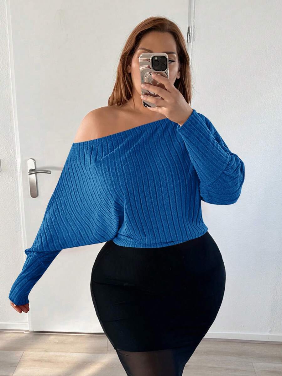 SHEIN SXY Plus Asymmetrical Neck Batwing Sleeve Tee - Blue - View 1