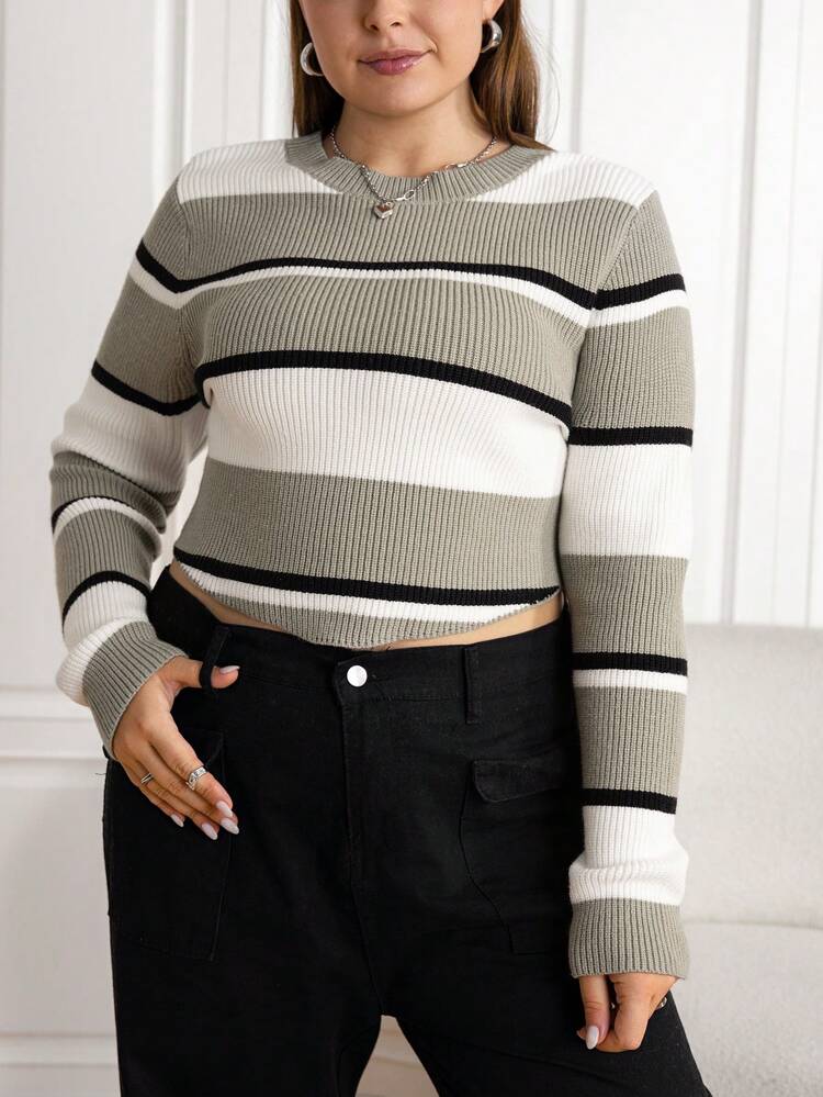 Plus Striped Pattern Curved Hem Sweater