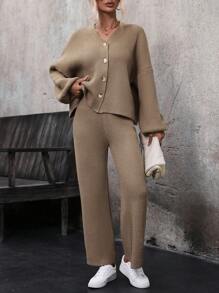 SHEIN LUNE Cárdigan de hombros caídos con pantalones tejidos - Camel - Ver 1