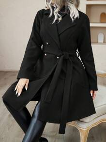 SHEIN LUNE Plus Lapel Neck Double Breasted Belted Overcoat Fall Winter Cloth For Women Autumn - Black - View 1