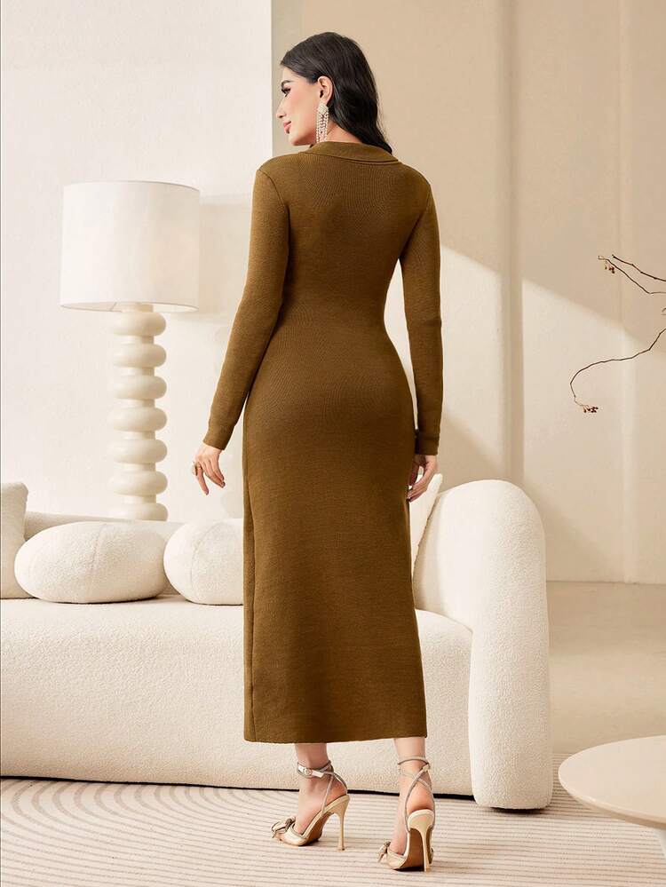 Women's Plain Knitted Sweater Dress With Button Detail And Ribbed Hemline