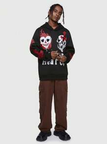 ROMWE MEN Goth Nam Lá thư & In Đầu lâu Dây rút Hoodie - màu đen - Xem 2