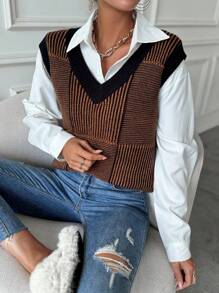 SHEIN LUNE Striped Pattern Sweater Vest Without Blouse - Multicolor - View 3
