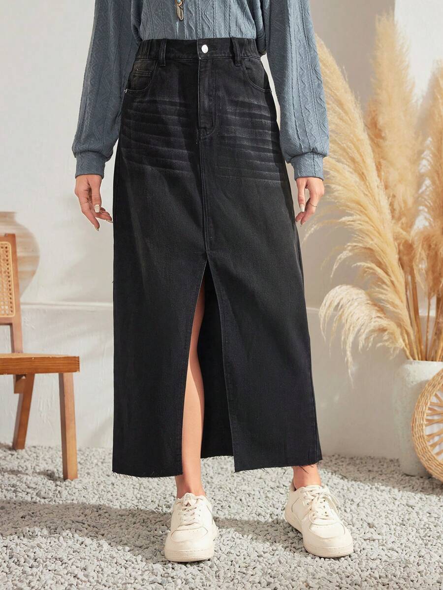 SHEIN LUNE Gonna in denim vita alta a fessura alta