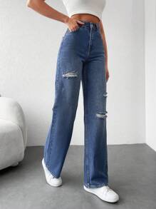 SHEIN Cottnline High Waisted Ripped Straight Leg Jeans - Blue - View 4