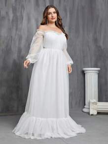 Vestido De Novia De Talla Grande Con Hombros Descubiertos, Dobladillo Con Volantes Y Capa Superpuesta De Malla - Blanco - Ver 6