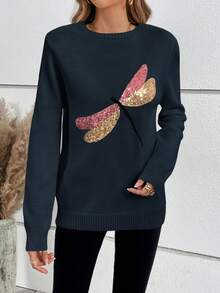 SHEIN LUNE con chuồn chuồn Mẫu Tương phản Sequin Áo len - Xanh đậm - Xem 5