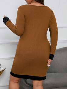 SHEIN LUNE Plus Contrast Trim Bow Front Dress - Brown - View 2