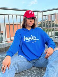 SHEIN EZwear Plus Size Letter Graphic Drop Shoulder Sweatshirt - Blue - View 3