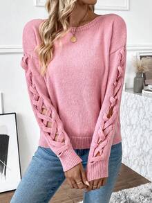 SHEIN LUNE 交叉袖船領落肩袖套頭毛衣 - 粉色 - 查看 3
