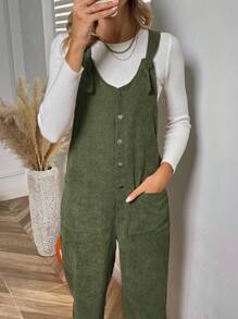 SHEIN LUNE 雙口袋前紐扣燈芯絨背帶連身褲不帶T恤 - 軍綠色 - 查看 5