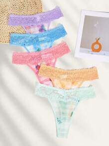 5入組女式蕾絲、格子和網紗拼接丁字褲內衣 - 彩色 - 查看 1