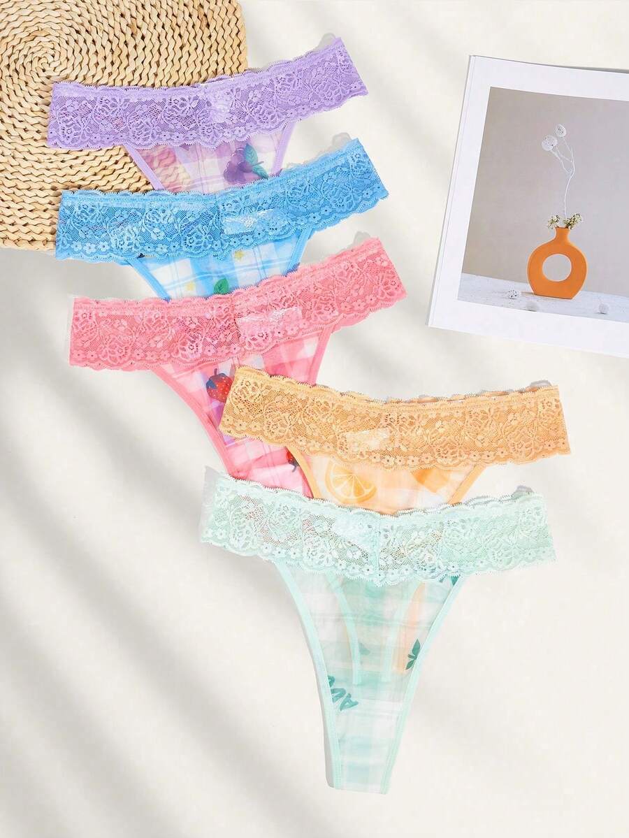 5入組女式蕾絲、格子和網紗拼接丁字褲內衣 - 彩色 - 查看 1