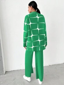 女士幾何圖案下垂肩毛衣和毛衣褲套裝 - 綠色 - 查看 2