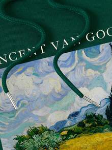 SHEIN EZwear Quý cô Phong cảnh Bức tranh sơn dầu In Áo nỉ có mũ - Màu xanh lá cây đậm - Xem 3