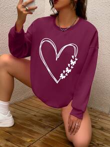 SHEIN EZwear 大尺碼女裝心形印花下落式顯瘦連帽衫 - 酒紅色 - 查看 5