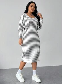 SHEIN EZwear 大碼條紋印花洋裝&短夾克 - 黑與白 - 查看 6