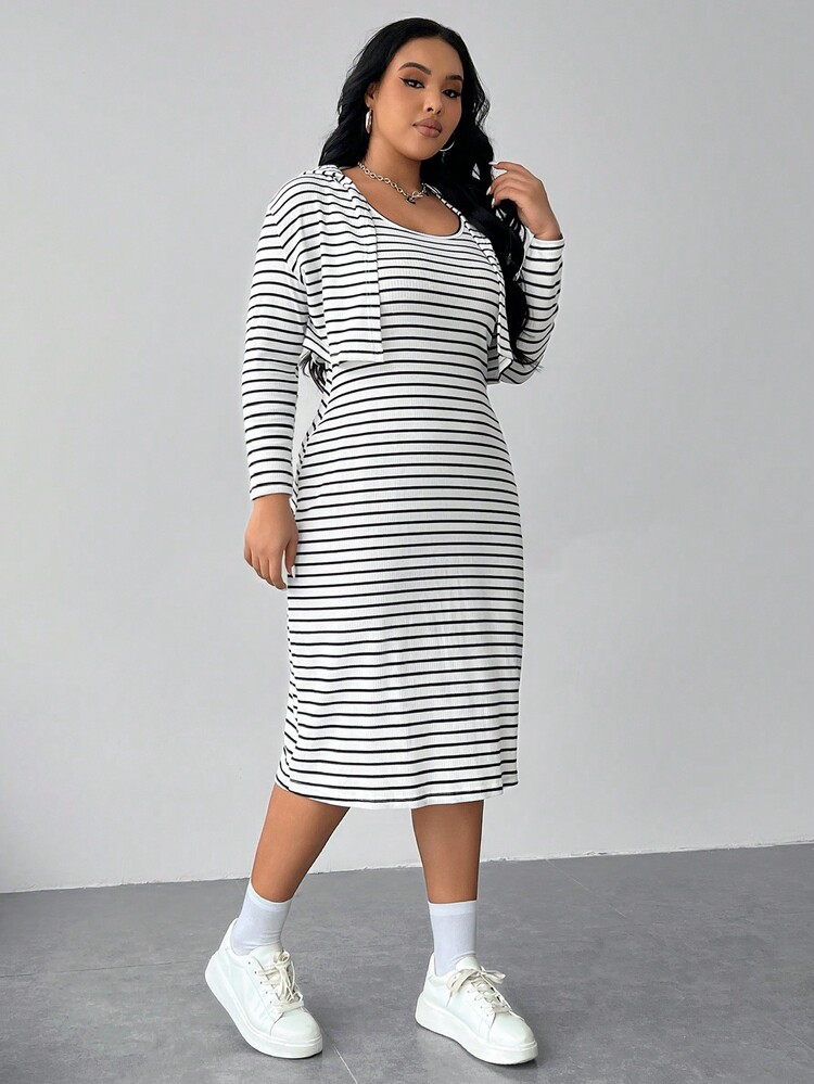 SHEIN EZwear 大碼條紋印花洋裝&短夾克 - 黑與白 - 查看 6