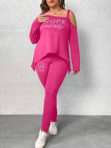 SHEIN LUNE Hơn Mẫu chữ Cổ không đối xứng Áo thun và Leggings - Màu Hồng Tươi - Xem 7