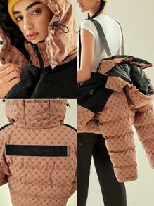 In My Nature 拼色字母图案拼色连帽棉服大衣 - 卡其色 - 查看 6