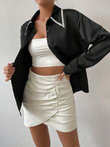 SHEIN Allurite Rhinestone Detail Button Front Shirt - Black - View 3