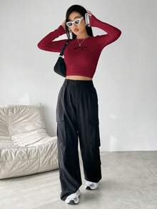 SHEIN Unity 女士星紋短版t恤 - 酒紅色 - 查看 4