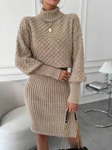 SHEIN Clasi Áo cao cổ tay cánh Viền chia cắt Đầm Áo len - Màu Khaki - Xem 6