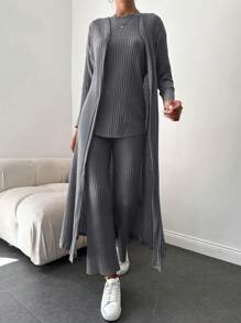 EURMUSE 單色中空蝙蝠袖上衣+開襟外套+寬褲 - 深灰色 - 查看 4