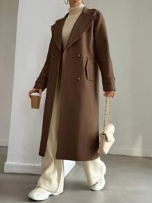 EURMUSE Ladies' Solid Color Double Breasted Woolen Coat With Lapel Collar - Brown - View 1