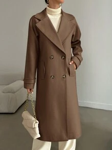 EURMUSE Ladies' Solid Color Double Breasted Woolen Coat With Lapel Collar - Brown - View 3