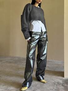 DAZY 1 件落肩蓬松针织毛衣，长袖上衣短款女式秋季上衣 - 深灰色 - 查看 6