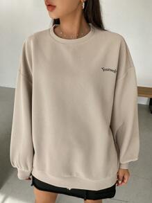 Dazy Star Đồ họa Chữ cái Thả vai Áo nỉ - Màu Khaki - Xem 3