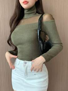 Dazy Designer Solid High Neck Mesh Insert Crop Tee Going Out Tops,Fall Clothes Long Sleeve Women Tops - Green - View 5
