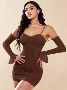 SHEIN BAE 褶飾緊身胸衣露肩緊身連身裙 - 咖啡棕 - 查看 6