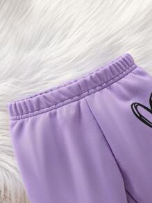 Baby Girl Heart Print Kangaroo Pocket Hoodie & Sweatpants - Purple - View 3
