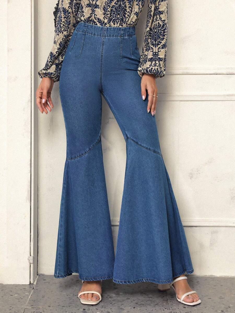 SHEIN LUNE Eo đàn hồi Quần ống loe - Màu xanh lam - Xem 1