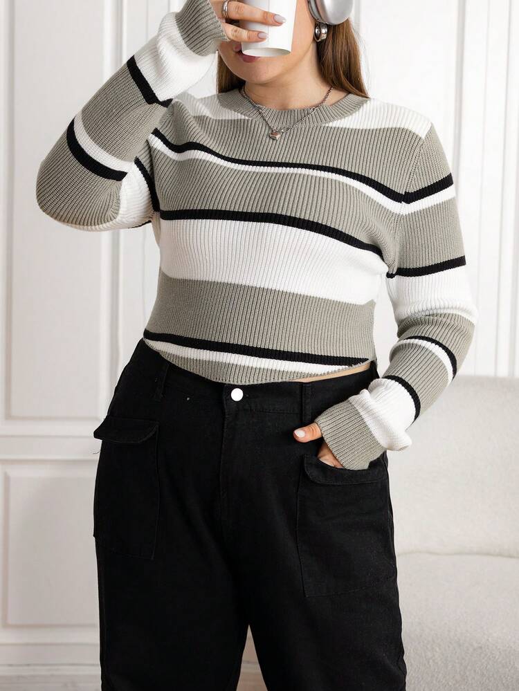 Plus Striped Pattern Curved Hem Sweater