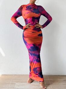 Rafferiza Vestido ajustado con cuello de tortuga, fruncido en los laterales, con estampado tie-dye, para Año Nuevo, vestimenta de mujer, vestido largo, ropa de otoño para mujer - Rojo - Ver 6