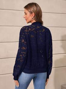 SHEIN LUNE Zip Up Lace Bomber Jacket - Navy Blue - View 3