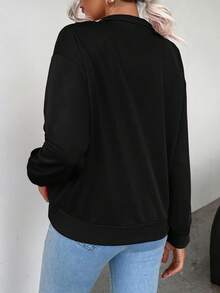 SHEIN Essnce 女款純色半拉鍊衛衣 - 黑色 - 查看 2