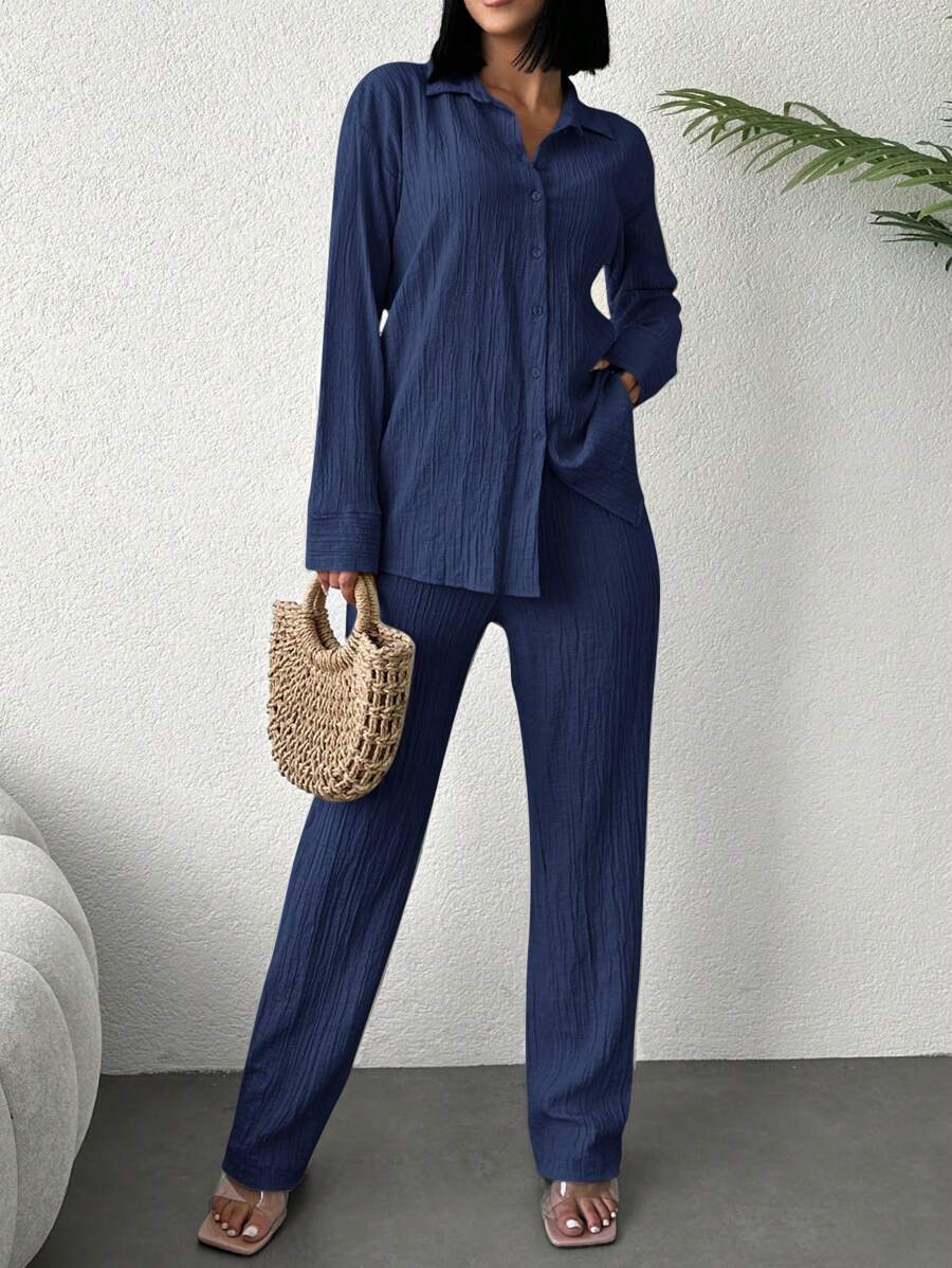 RueChic Solid Button Front Shirt & Pants Sets - Navy Blue - View 1