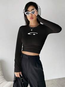 SHEIN Unity Women's Star Print Cropped T-Shirt Graphic Tees Women Tops - Black - View 4