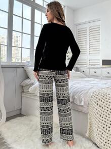 Geometric Long Sleeve Top & Pants Pajama Set, Fall Winter Clothes - Multicolor - View 2