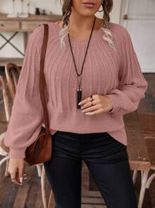 SHEIN LUNE Áo len tay Raglan trơn cỡ lớn - Bụi hồng - Xem 2